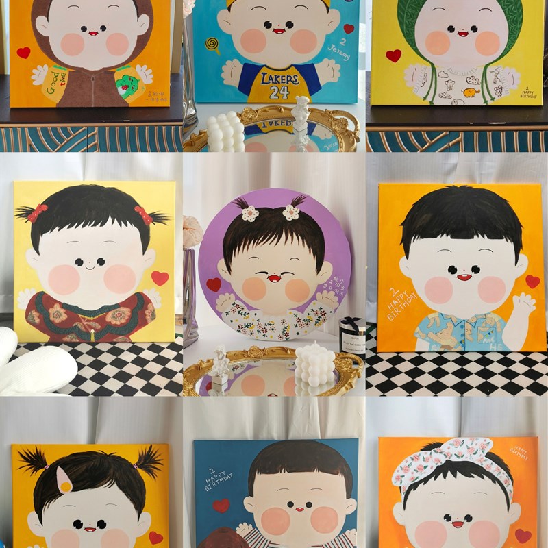 卡通萌娃定制画像周岁礼物儿童房装饰画宝宝小众满月儿童节礼物