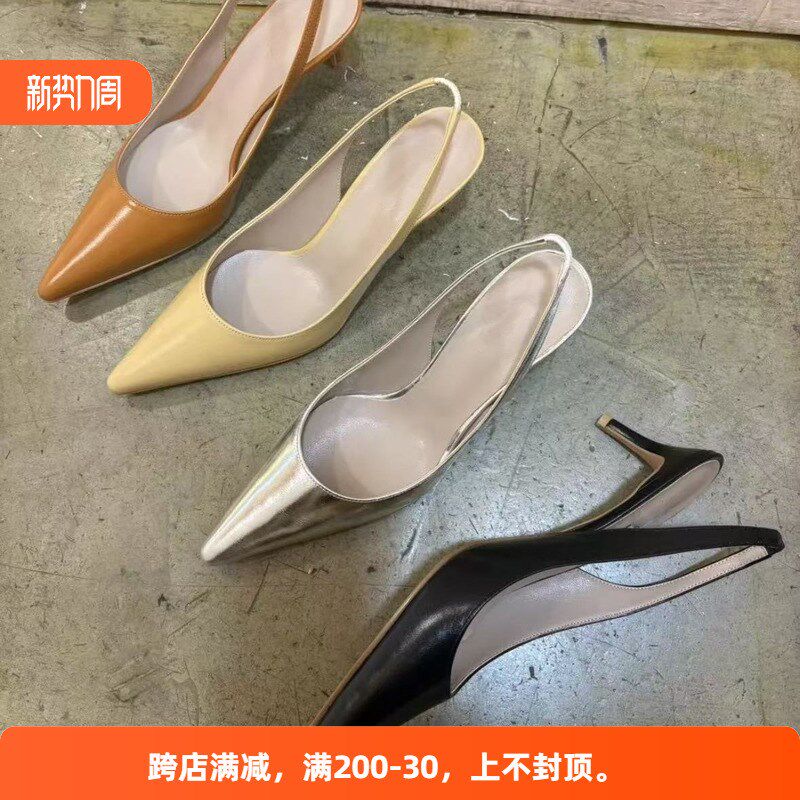 韩版手工鞋早春新款包p头凉鞋女百搭尖头细跟后空挂跟高跟单鞋女