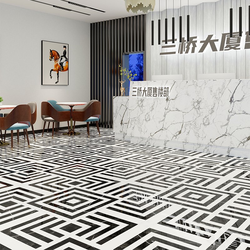 意式大理石d拼花瓷砖亮光黑白花砖800x800会所酒店大堂KTV地砖定