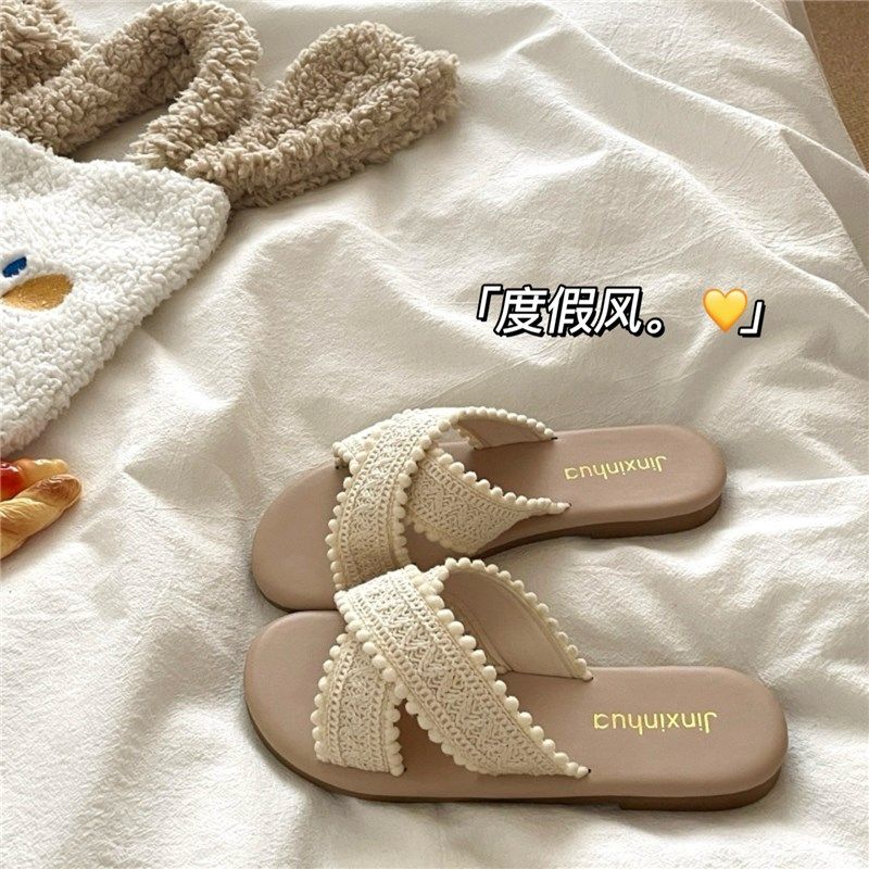 椰林海滩~!编织ins慵懒v度假风交叉凉拖鞋女夏季法式外穿透气拖鞋