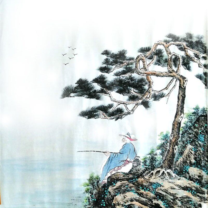 夏彩华纯手绘i垂钓图斗方扇面人物国画客厅书房茶室挂画定制