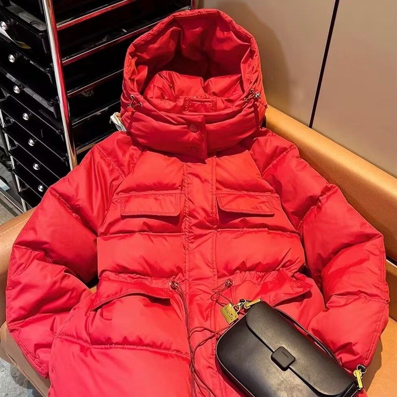 中长款红色加厚棉衣女韩版时尚多口袋羽绒棉服欧S货宽松收腰气质