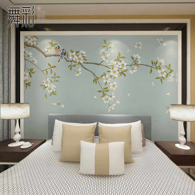 中式壁纸手绘现代背景墙花鸟客厅艺术布简约墙壁卧室新电视墙纸