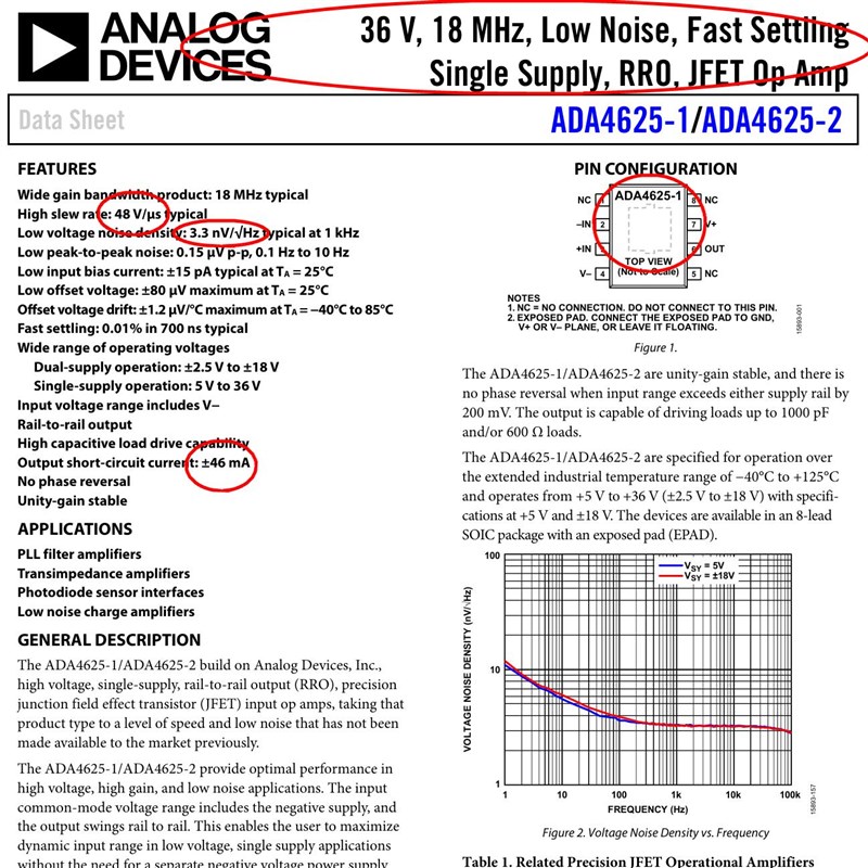 ADI亚德诺 低噪声 JFqET输入  双运放 ADA4625-2 (附AP测试)