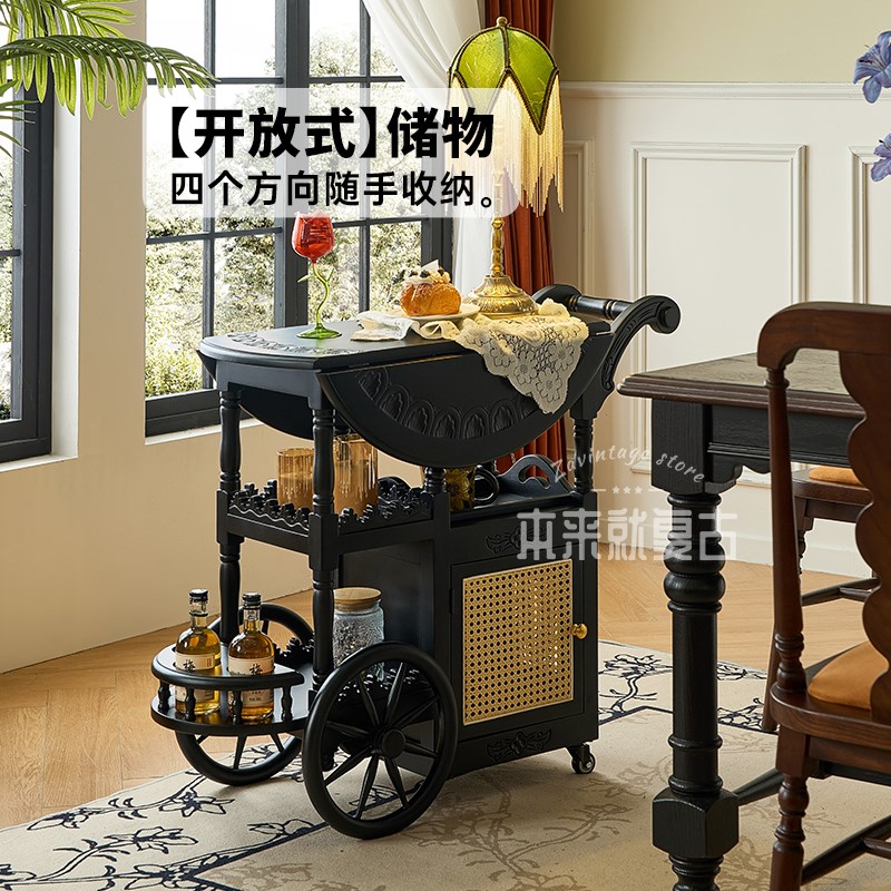 本来就复古柚木手雕推车法式复古实木折叠茶几黑色移动小餐车