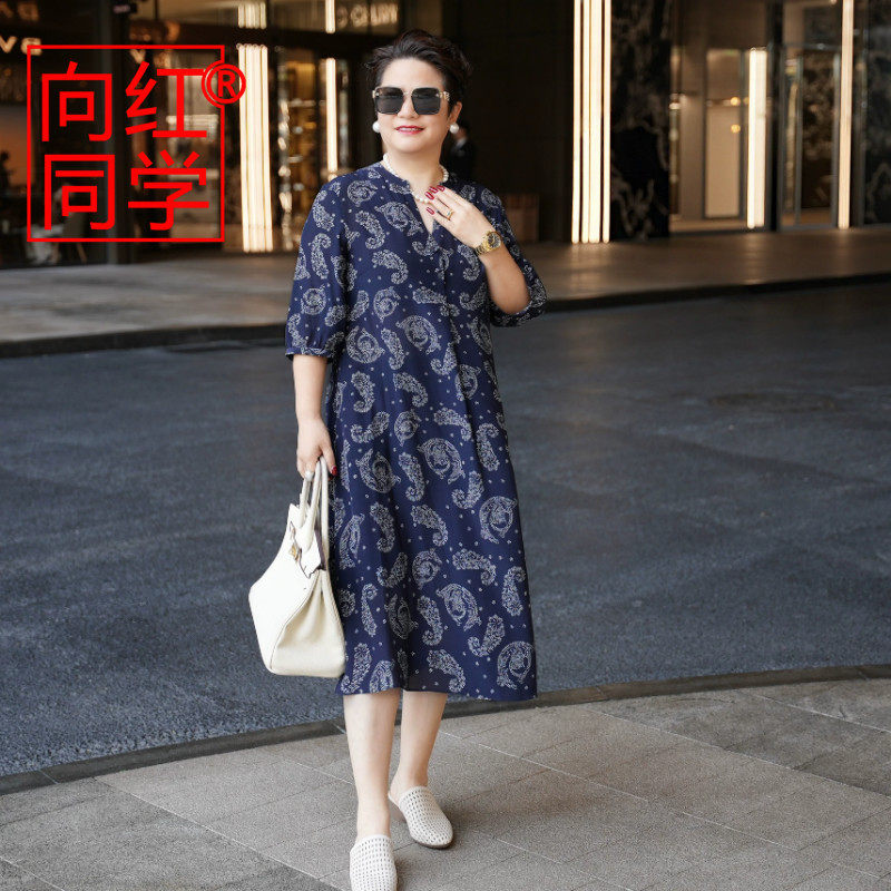 2026夏季桑蚕丝复古佩斯利腰果花V领宽松遮肉大码连衣裙0579
