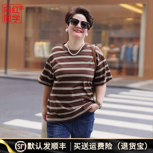 向红同学女装 上衣SY117 2025春夏新款 纯棉全棉质横条纹T恤宽松大码