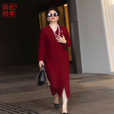 向红同学2026春秋季新款v领气质显瘦大码时尚开衩长袖连衣裙0087