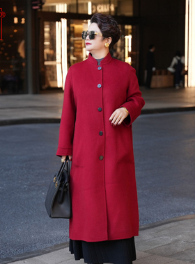 向红同学大衣女款2026新款冬中式复古立领长羊毛呢红色外套WT106
