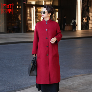 向红同学大衣女款2026新款冬中式复古立领长羊毛呢红色外套WT106