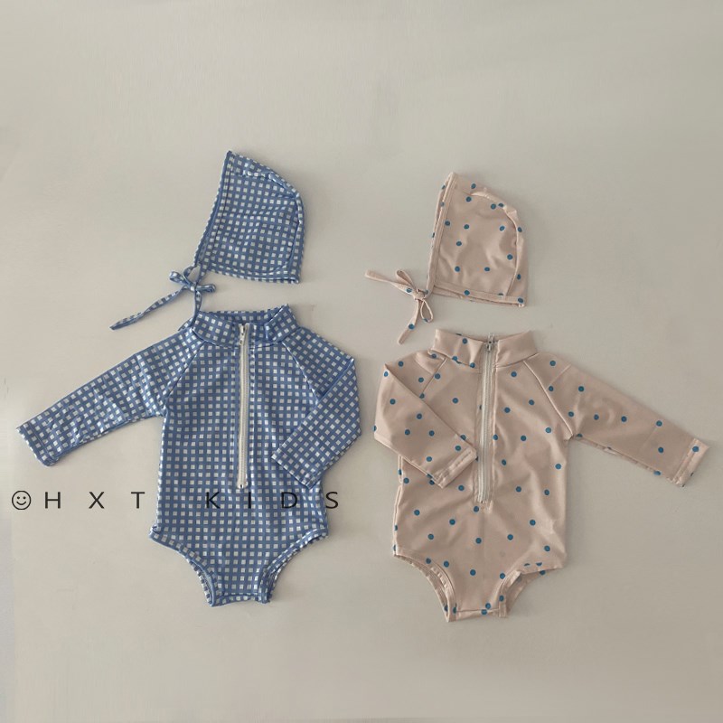 儿童夏季出游游泳二件套洋气格子波点婴儿宝宝包屁泳衣泳帽套装潮