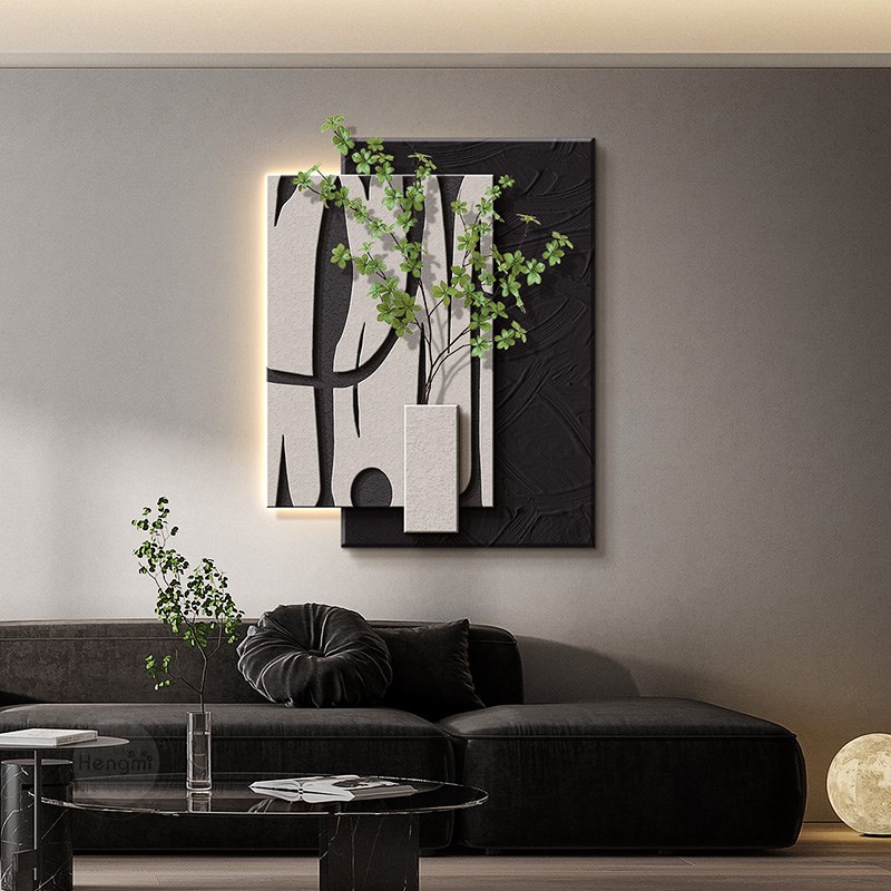 黑白抽象客厅装饰画极简高级感沙发背景墙挂画实物画绿植玄关壁画