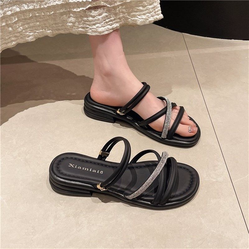 两穿凉鞋女夏外穿2024新款仙女风亮钻交叉带平底一脚蹬沙滩凉拖鞋,女鞋,一字拖,淘宝优惠券,粉丝福利购,淘宝优惠卷