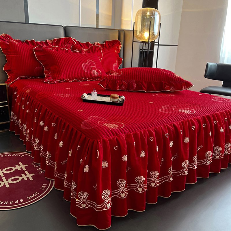中式婚嫁喜庆全棉大红色四件套床裙款喜被套纯棉结婚四季床上用品