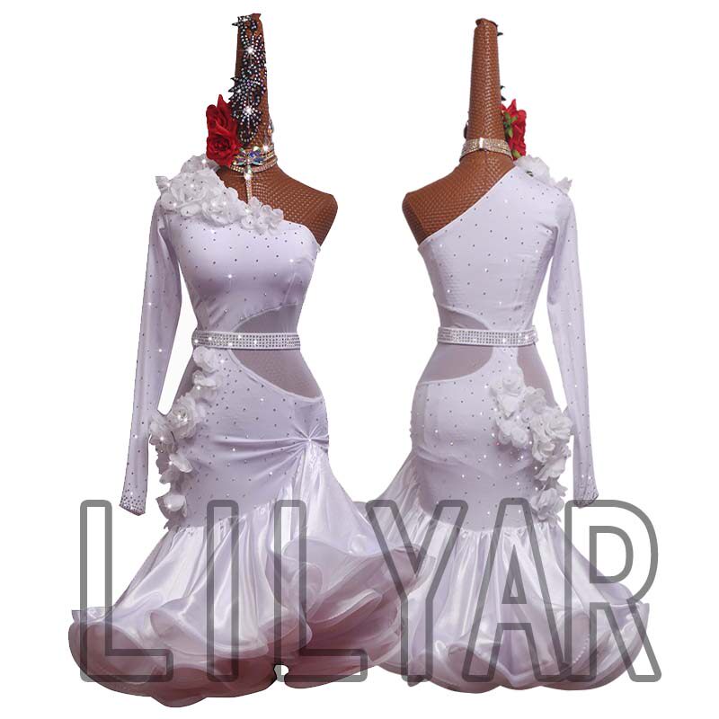 新款拉丁服装少儿成人练功服舞蹈表演服儿童定制白色立体花比赛服
