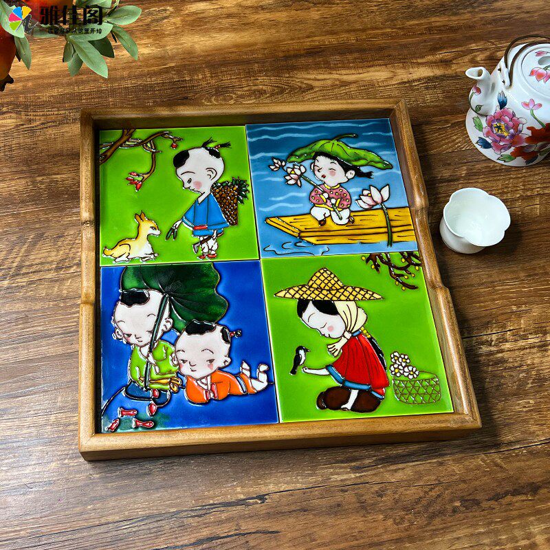 实木双面茶盘茶台手绘立体v浮雕瓷板画收纳摆件老榆木挂画托盘