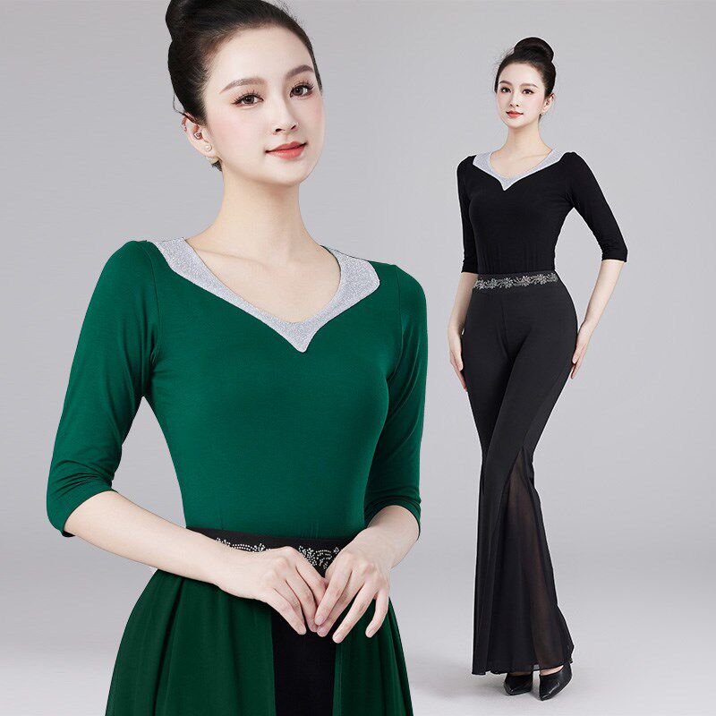 新款烫钻形体训练服o装女气质走秀导师礼仪培训广场舞舞蹈练功服