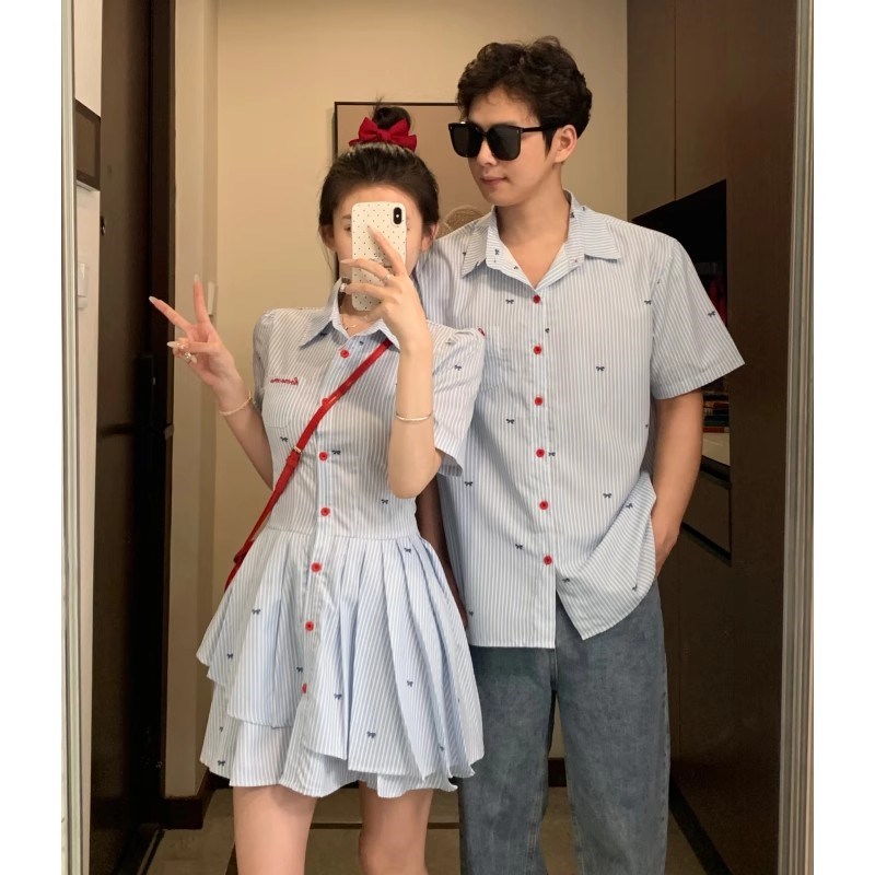 法式情侣b装夏季一裙一衣条纹衬衫小众设计感2025新款潮流网红高