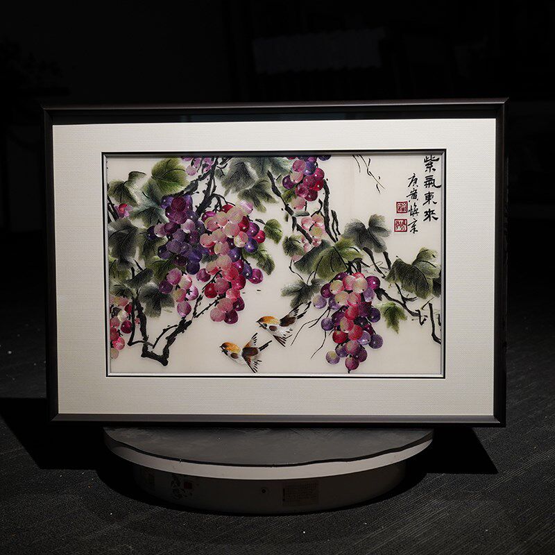 横幅手工刺绣紫气东来玄关书房成品挂画新中式新品实木外框装饰画