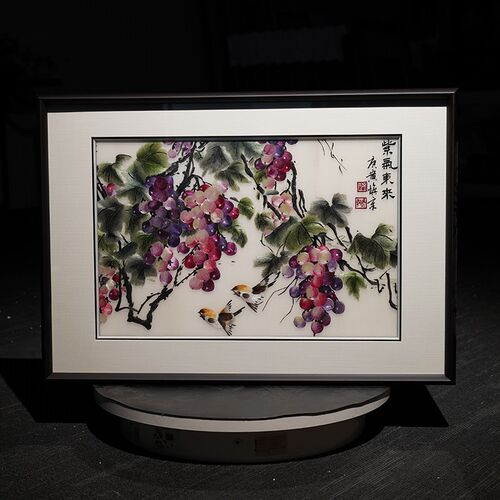 横幅手工刺绣紫气东来玄关书房成品挂画新中式新品实木外框装饰画