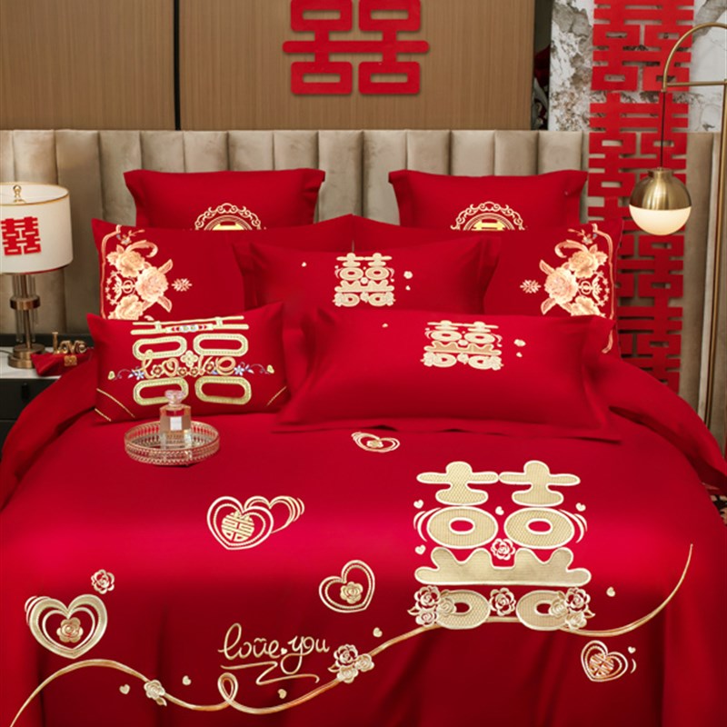 婚庆四件套大红100全棉纯棉新结婚房嫁礼喜庆被套床上用品床单礼4