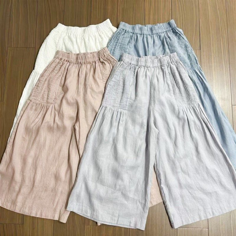 纯麻微喇裤裙裤女2025夏季新款风琴褶松紧腰阔腿裤亚麻八分裤长裤,女装/女士精品,休闲裤,淘宝优惠券,粉丝福利购,淘宝优惠卷