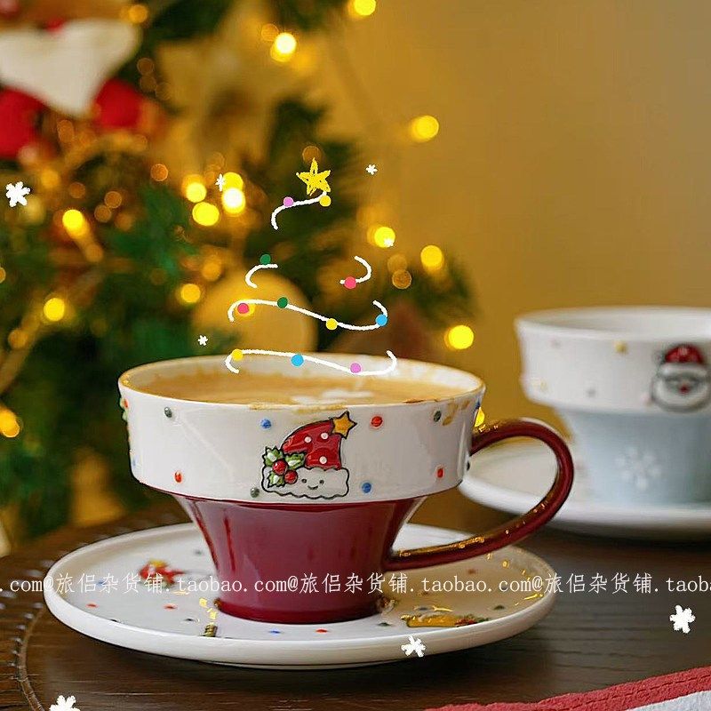 可爱手绘釉下彩圣诞老人咖啡杯碟雪人杯拿铁拉花杯下午茶杯碟礼物,餐饮具,咖啡杯,淘宝优惠券,粉丝福利购,淘宝优惠卷