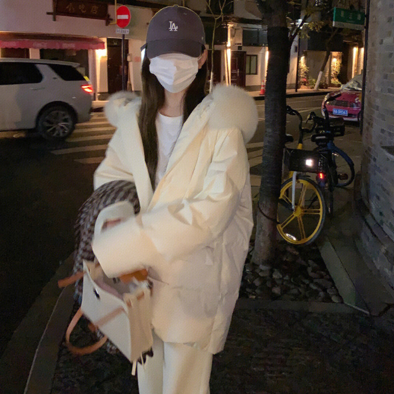冬季中长版白色大毛领保暖炸街羽绒棉服女L小个子设计感云朵棉服