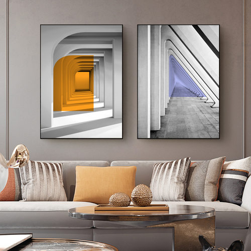 工业风玄关壁画空间延伸墙画过道建筑挂画酒店客厅V沙发喷绘装饰