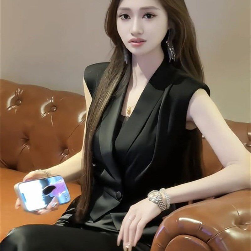 2025夏季网红新款职业套装女高级感黑色缎面垂感显瘦Y马甲+阔腿裤
