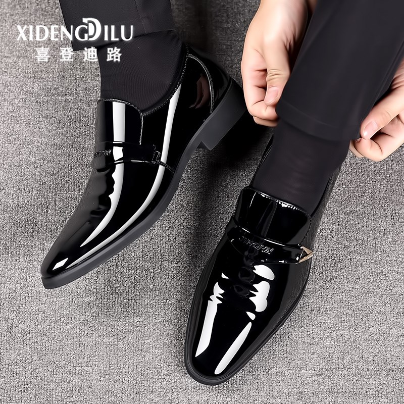 皮鞋男商务正装内增高韩版亮皮尖头夏季镂空英伦透气一脚蹬结婚鞋