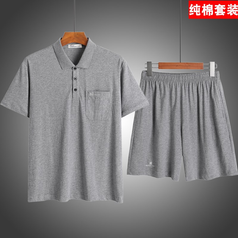 爸爸夏装套装两件套中年人男士休闲运动套宽松大码爷爷装薄款