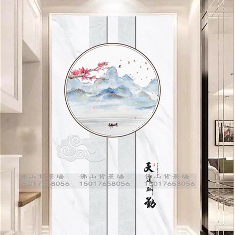 玄关岩板背景墙瓷砖微晶石大理石过道装饰壁画立体简约现代新中式