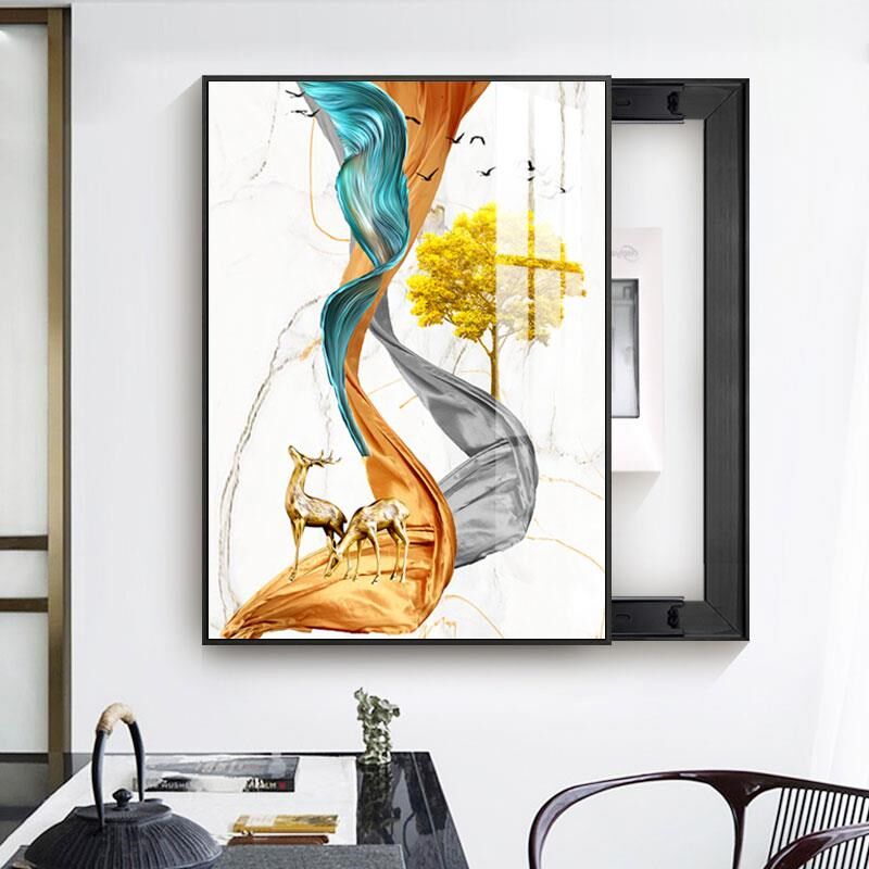 晶瓷画电表箱装饰画竖q款变电箱开关空开遮挡盒玄幻发财鹿挂画定