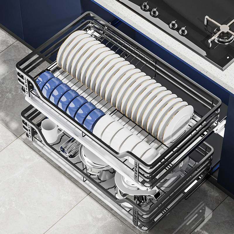 拉篮厨房橱柜双层304不锈w钢调味收纳碗篮抽屉式碗碟碗柜轨道滑轨