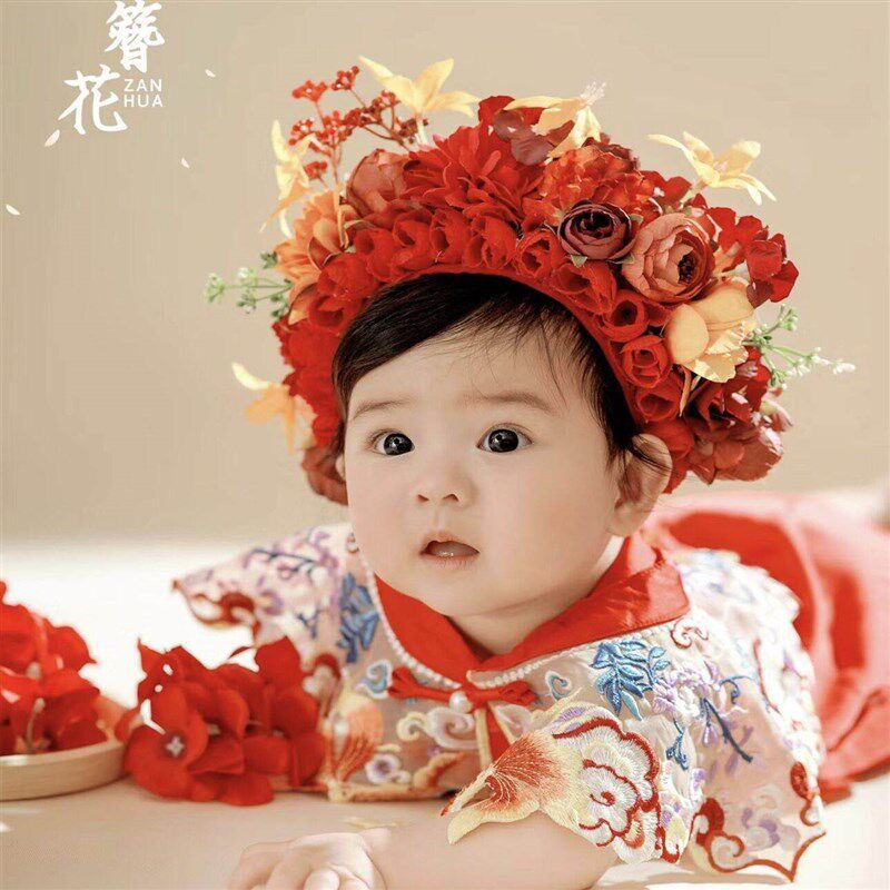 簪花宝宝a百天照周岁照拍照服装红色国风婴儿百日照半岁艺术照道