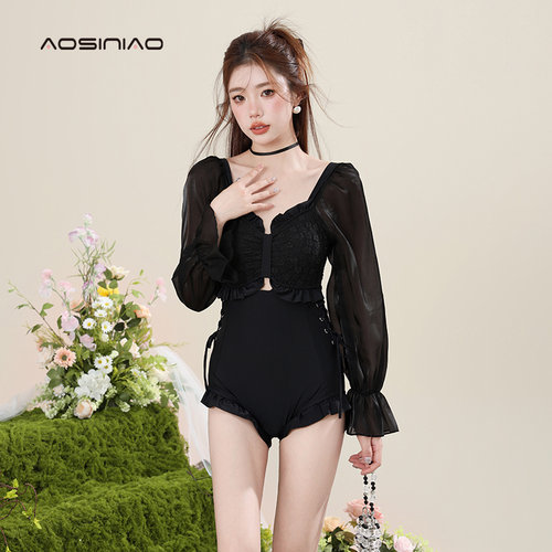 高级感连体泳衣女j夏2024新款微胖女孩遮肉保守显瘦纯欲度假游泳