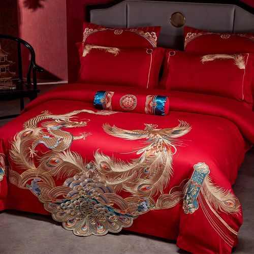 中式婚礼龙凤婚房四件套100S长绒棉重工刺绣大红色结婚被套床单