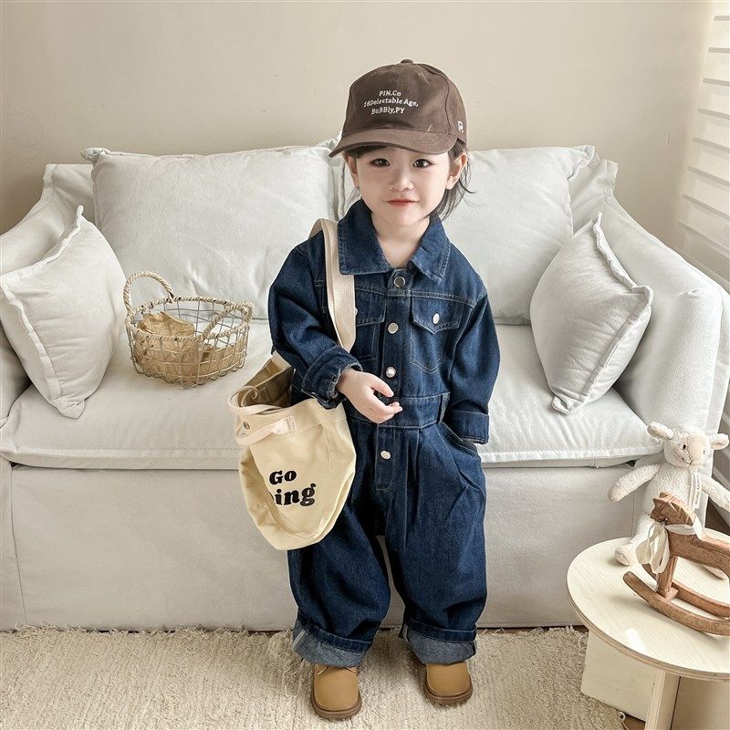 秋季男女宝宝宽松洋气牛仔连体衣婴儿长袖韩版婴童外出哈衣爬服潮
