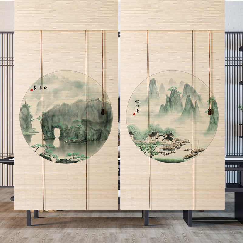 竹帘窗帘卷拉式卷帘装饰隔断茶室遮光升降门帘中式百叶印花竹帘子