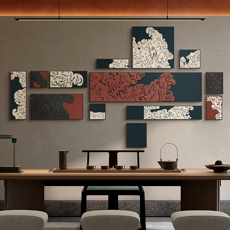 新中式酒店走廊过道装饰画饭厅祥云瑞彩立体肌理客厅组合挂画图片