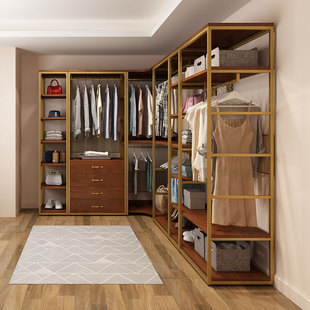 实木金属衣柜开放式卧室落地步入式衣帽间金色P铁艺挂衣架置物架