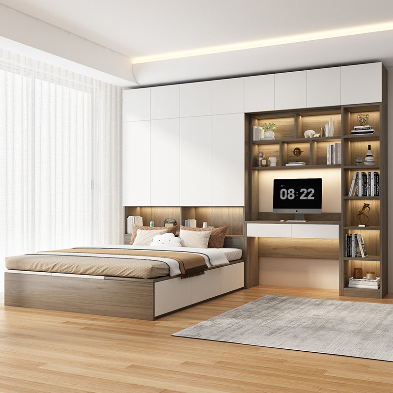 衣柜床家用现代简约榻榻米书桌一体书房组L合床全屋定制储物实木