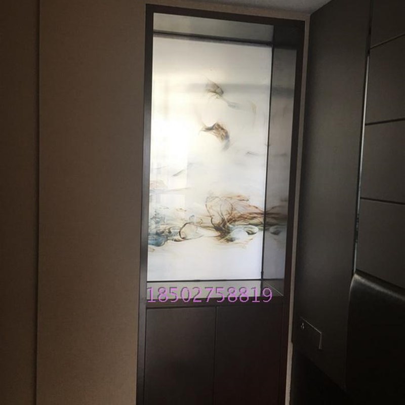 定制新款夹丝玻璃隔断玄关屏风双层夹绢画写意背景墙山高水长抽象