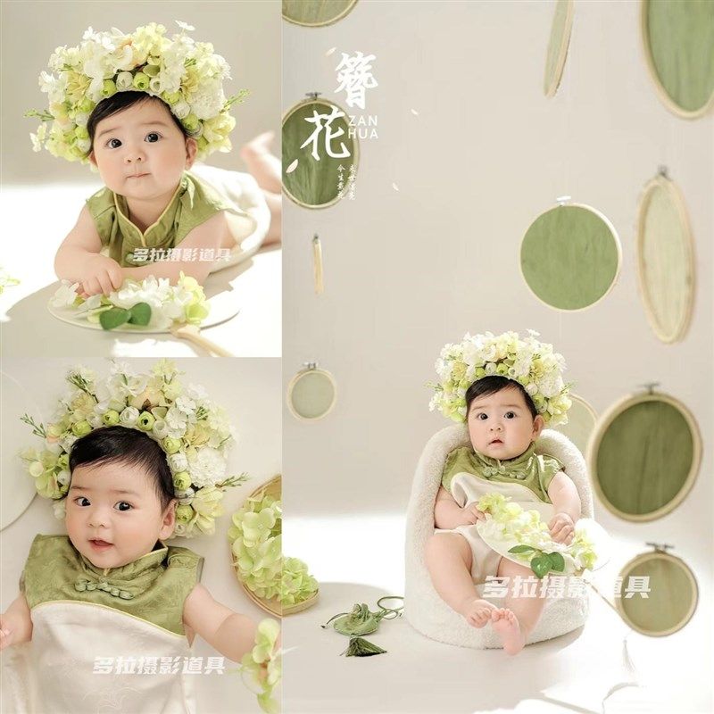 儿童摄影服装簪花主题绿色宝宝百天照周岁照拍照服装影.楼艺术照