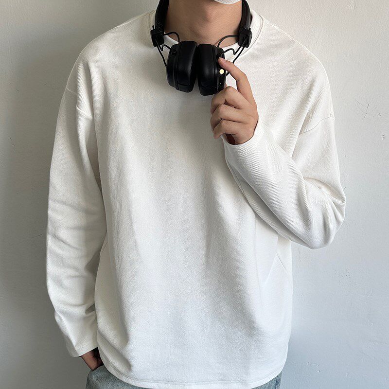 320g重磅白色圆领口袋长袖T恤男2024春秋季日系简约基础情侣拼接