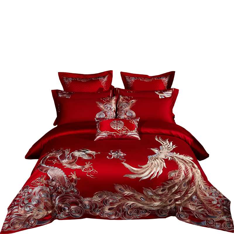 新品结婚床上用品四件套中式婚礼奢华全棉床单纯棉龙X凤婚庆床单