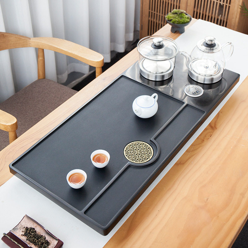 乌金石茶盘一体烧水壶 家用简约整块石头 大号排水式茶台茶具托盘