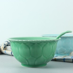 陶瓷碗汤盆带勺汤锅 龙泉青瓷餐具8英寸青莲花汤碗家用大号盛汤碗