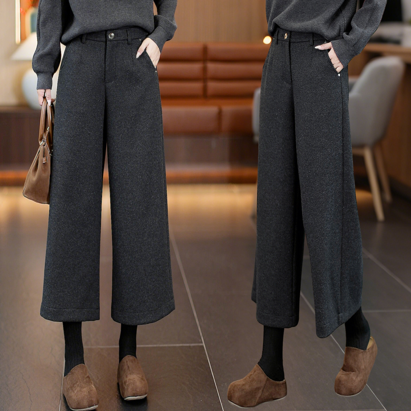 醋酸羊毛直筒休闲裤女秋冬新款宽松舒适窄版阔腿裤保暖显瘦八分裤,女装/女士精品,休闲裤,淘宝优惠券,粉丝福利购,淘宝优惠卷